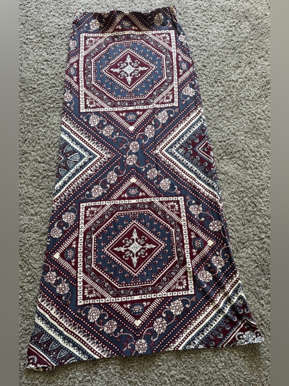 Billabong-Printed Boho Maxi Skirt in Burgundy and Navy-Medium